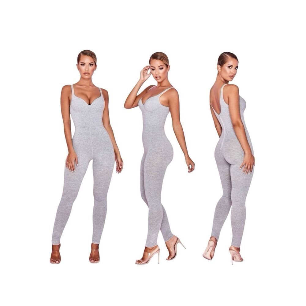House of CB Kalani Grey Loungewear Jumpsuit Underwire Bodycon Sz L+ NWT